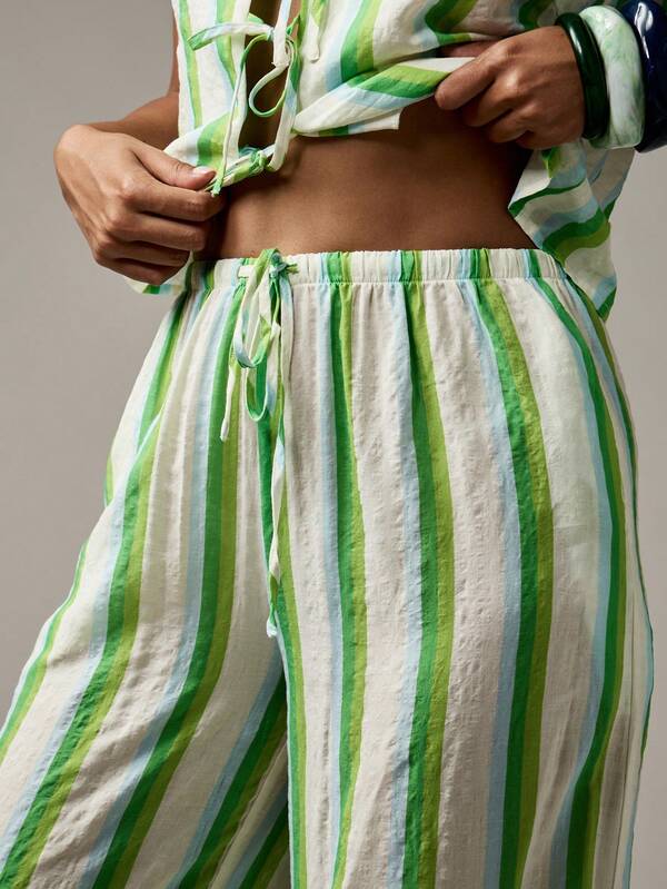 MISSGUIDED Striped Linen Feel Vest And Wide Leg Pants With Front Ties