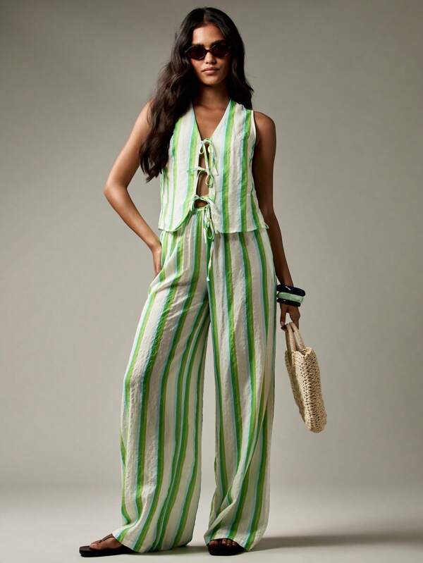 MISSGUIDED Striped Linen Feel Vest And Wide Leg Pants With Front Ties