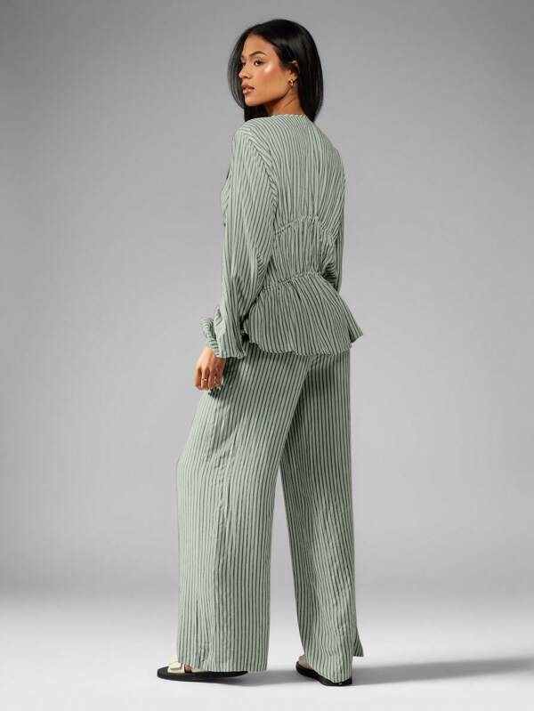 MISSGUIDED Striped Long Sleeve Blouse And Wide Leg Pants Set