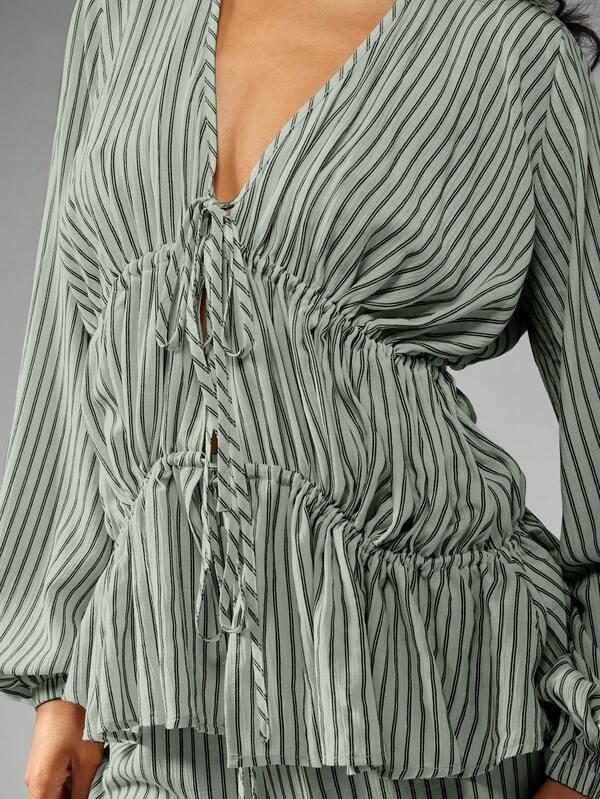 MISSGUIDED Striped Long Sleeve Blouse And Wide Leg Pants Set