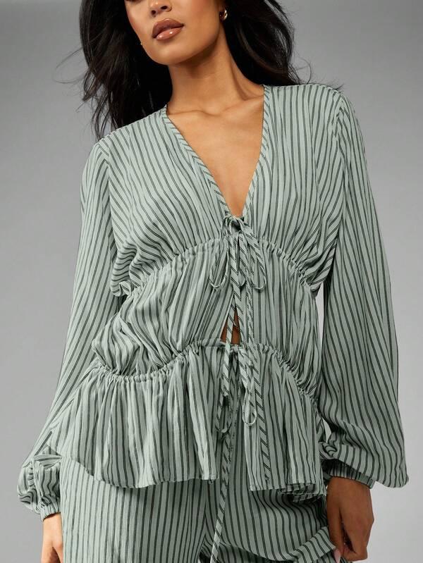 MISSGUIDED Striped Long Sleeve Blouse And Wide Leg Pants Set