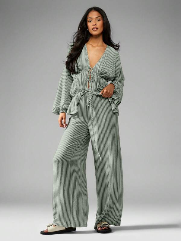 MISSGUIDED Striped Long Sleeve Blouse And Wide Leg Pants Set