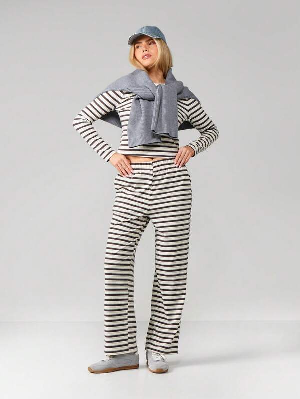 MISSGUIDED Striped Long Sleeve Crew Neck Lounge Set