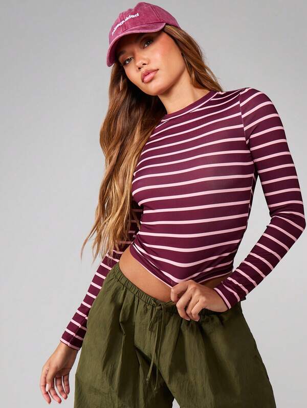MISSGUIDED Striped Long Sleeve Crew Neck T-Shirt