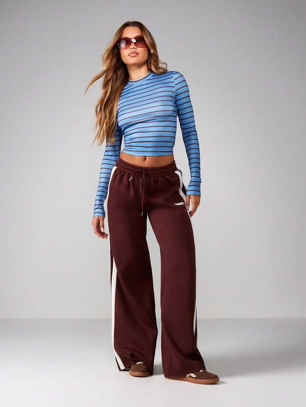 MISSGUIDED Striped Long Sleeve Crop Top With Crew Neck