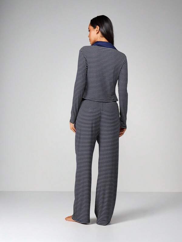 MISSGUIDED Striped Long Sleeve Lounge Set With Collar