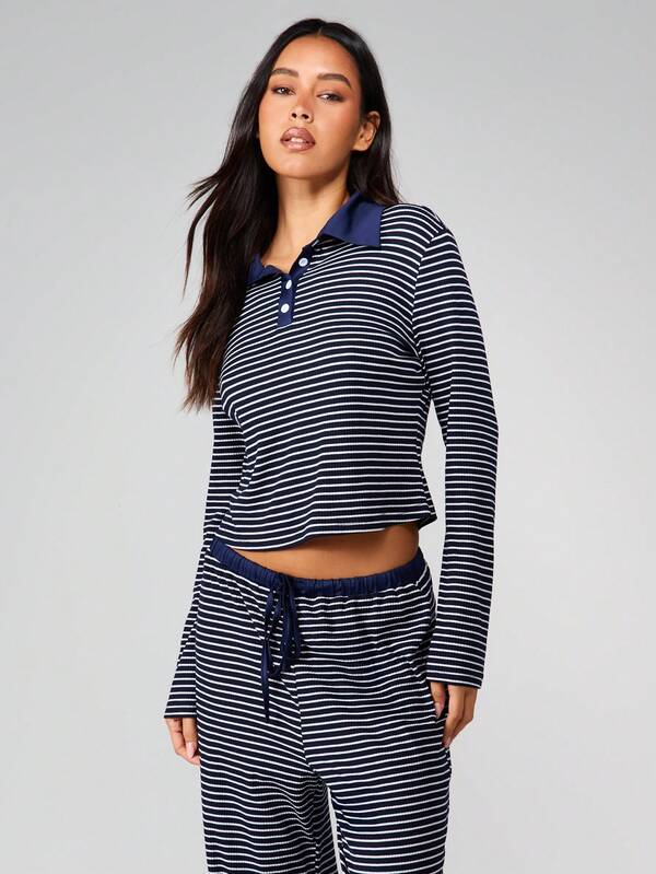 MISSGUIDED Striped Long Sleeve Lounge Set With Collar