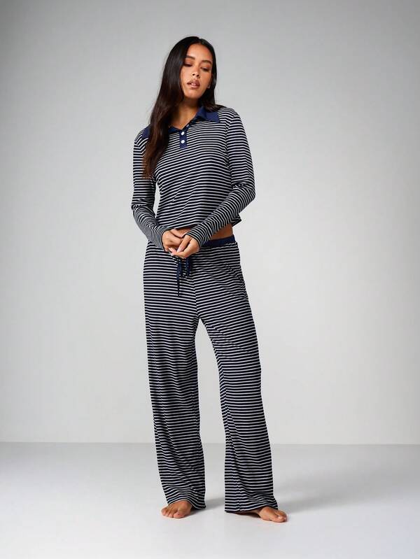 MISSGUIDED Striped Long Sleeve Lounge Set With Collar