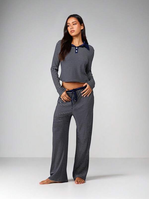 MISSGUIDED Striped Long Sleeve Lounge Set With Collar