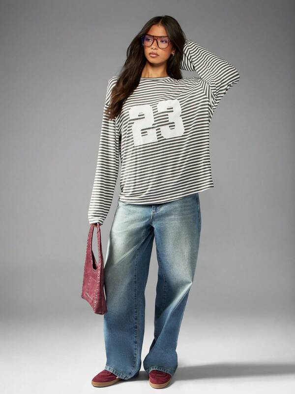 MISSGUIDED Striped Long Sleeve T Shirt With Numeric Print