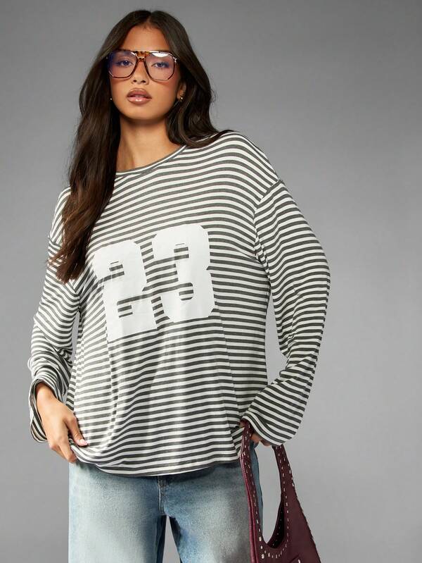 MISSGUIDED Striped Long Sleeve T Shirt With Numeric Print