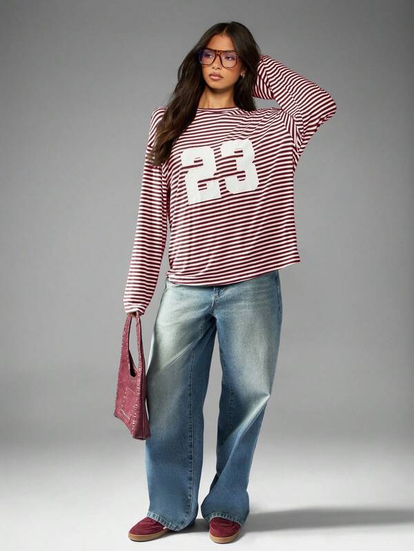 MISSGUIDED Striped Long Sleeve Tee With Number Print