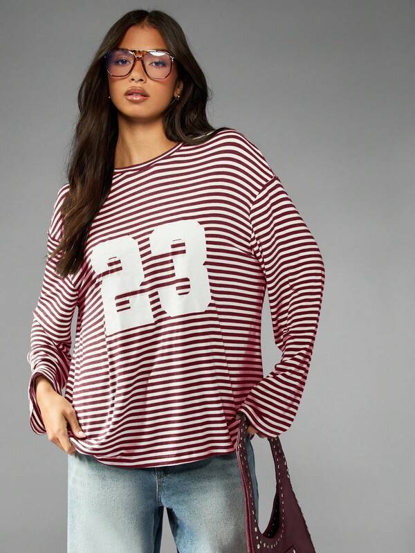 MISSGUIDED Striped Long Sleeve Tee With Number Print