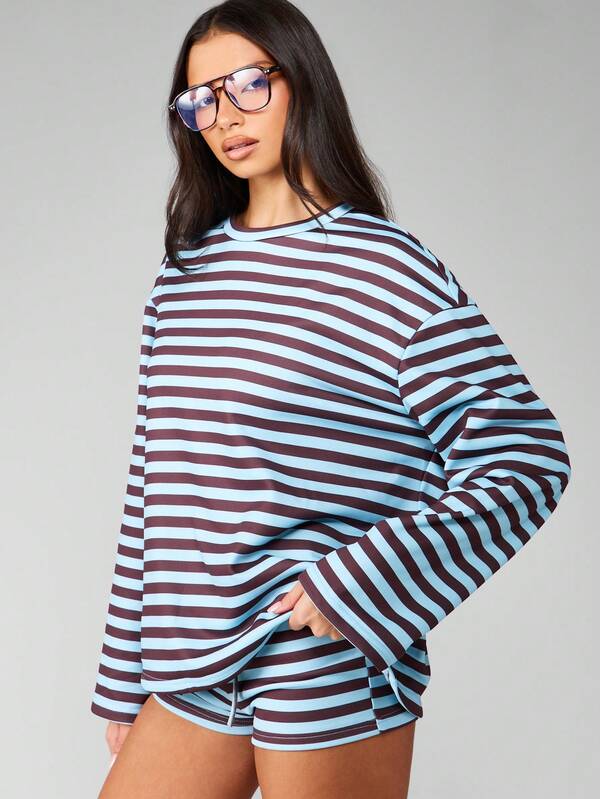MISSGUIDED Striped Long Sleeve Top With Matching Cycling Shorts
