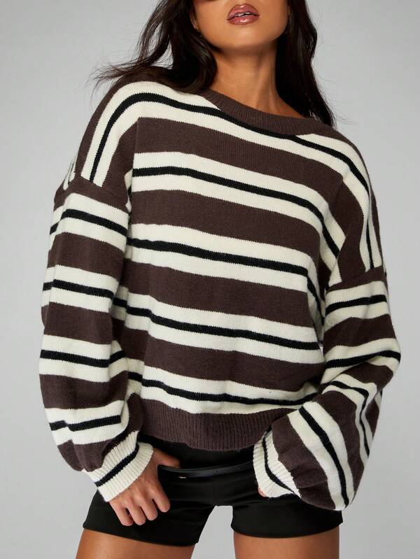 MISSGUIDED Striped Oversized Sweater With Balloon Sleeves And Ribbed Trim