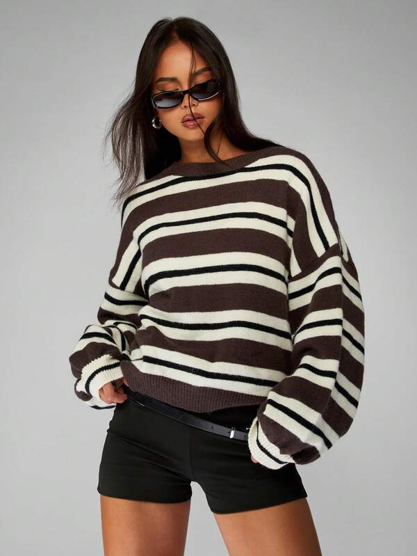 MISSGUIDED Striped Oversized Sweater With Balloon Sleeves And Ribbed Trim
