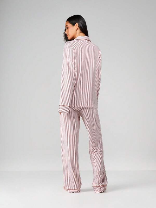 MISSGUIDED Striped Pajama Set With Button Up Shirt