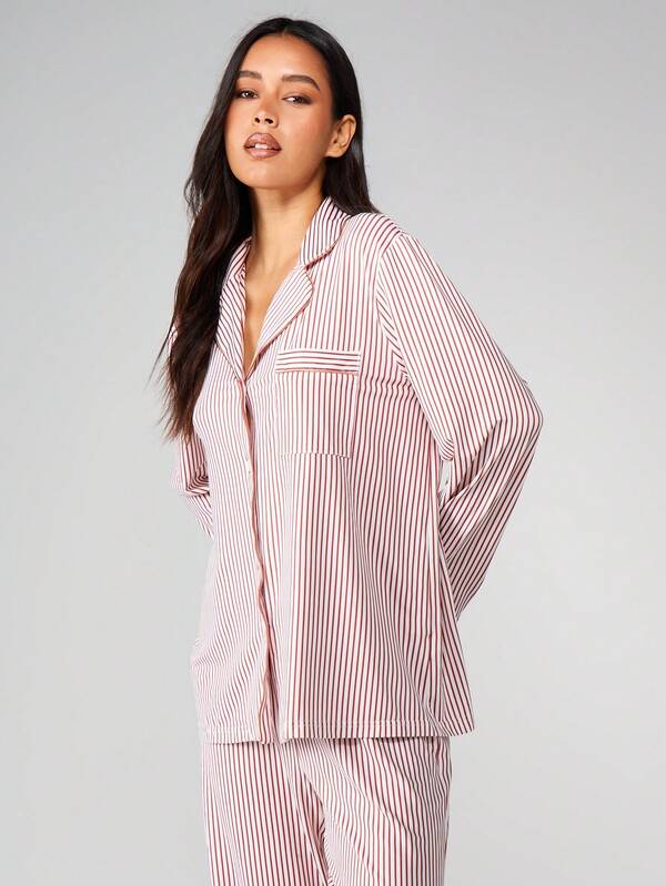 MISSGUIDED Striped Pajama Set With Button Up Shirt