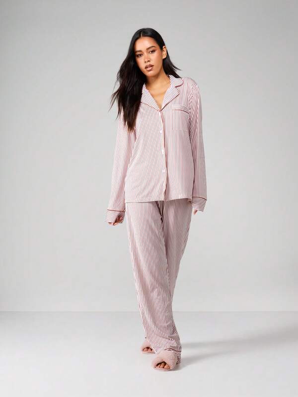 MISSGUIDED Striped Pajama Set With Button Up Shirt