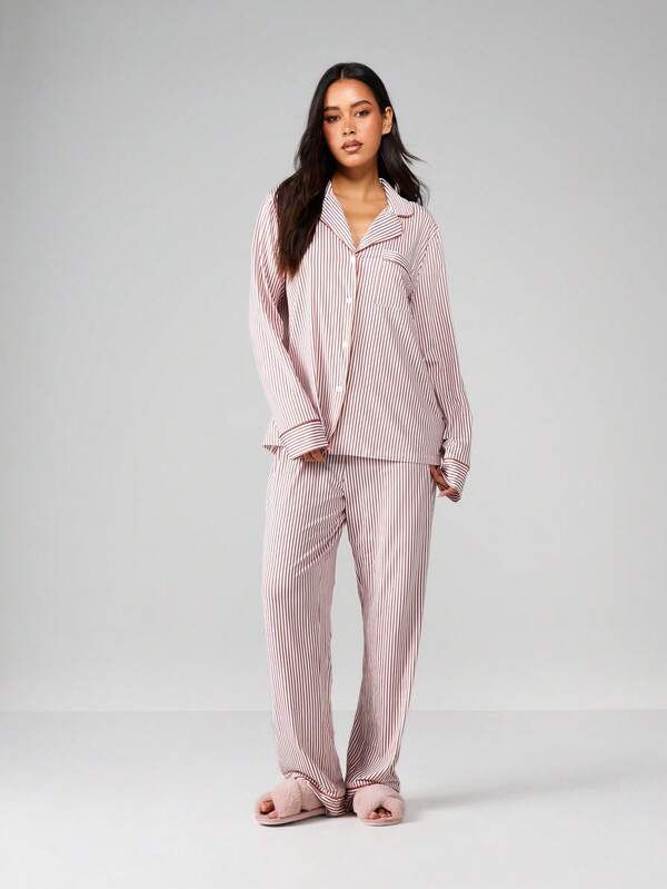 MISSGUIDED Striped Pajama Set With Button Up Shirt