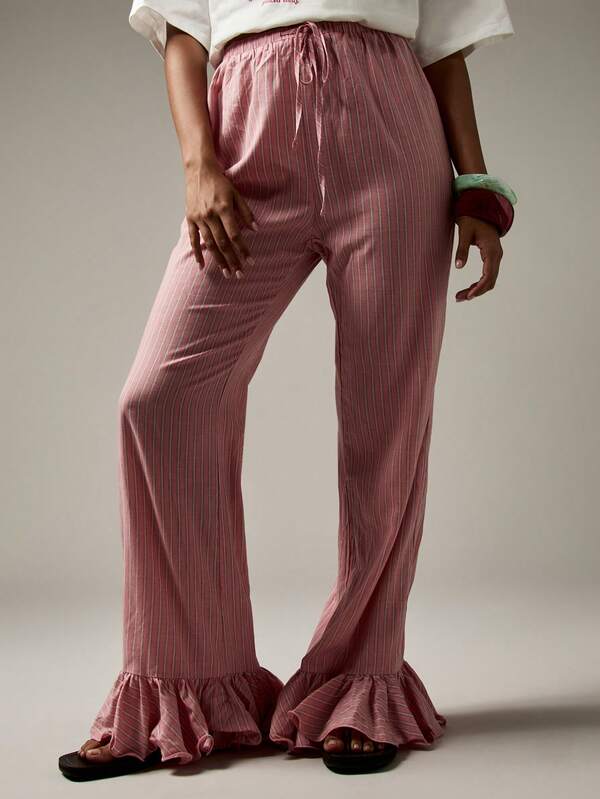 MISSGUIDED Striped Palazzo Pants With Ruffle Hem Detail