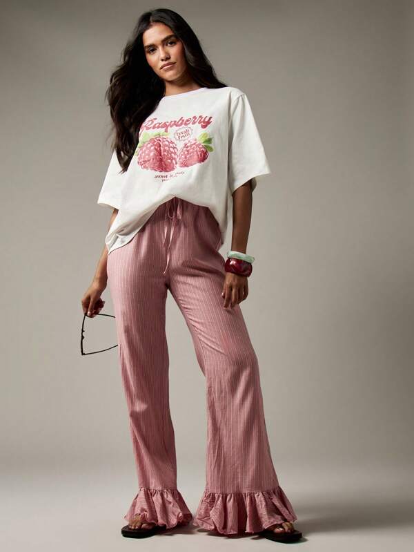 MISSGUIDED Striped Palazzo Pants With Ruffle Hem Detail