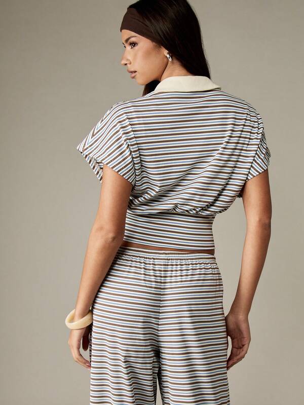 MISSGUIDED Striped Polo Crop Top With Cinched Waist Design