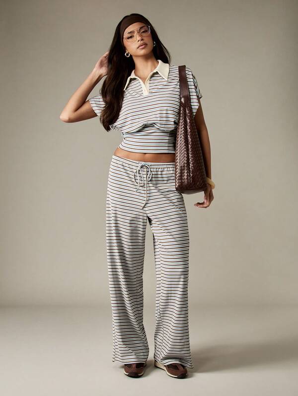 MISSGUIDED Striped Polo Crop Top With Cinched Waist Design