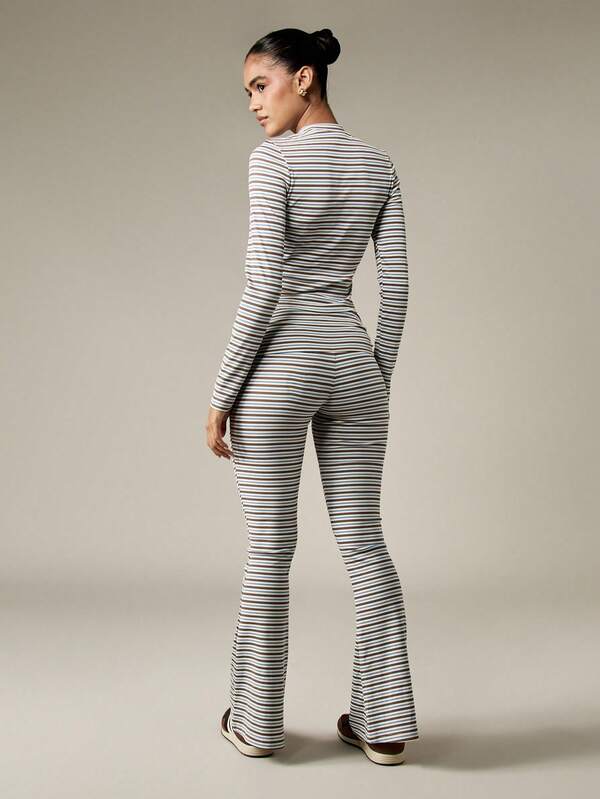 MISSGUIDED Striped Ribbed High Neck Set With Flared Pants