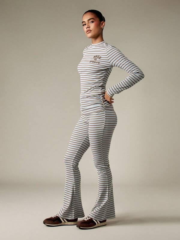 MISSGUIDED Striped Ribbed High Neck Set With Flared Pants