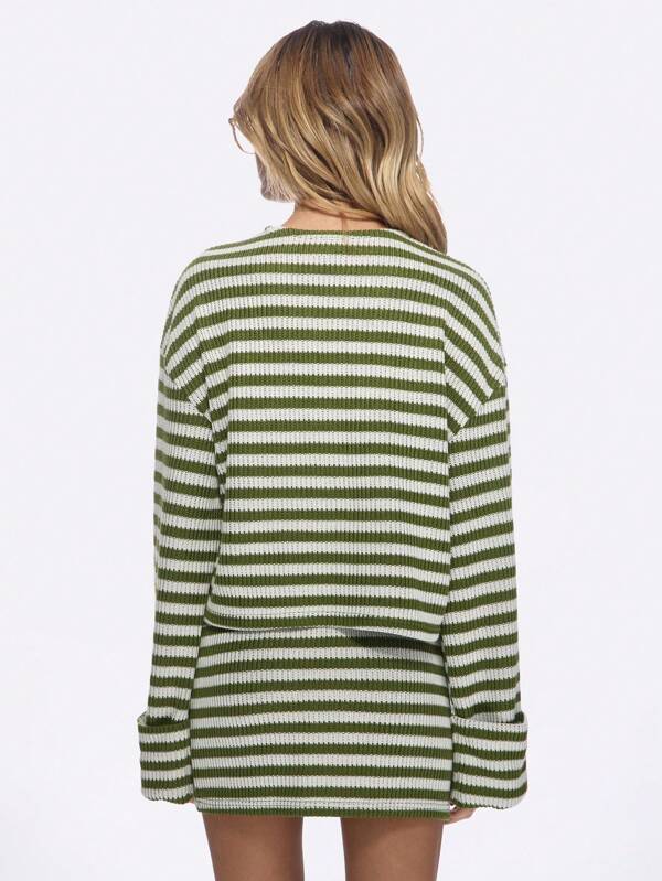 MISSGUIDED Striped Ribbed Knit Button-Front Cardigan Mini Skirt Set