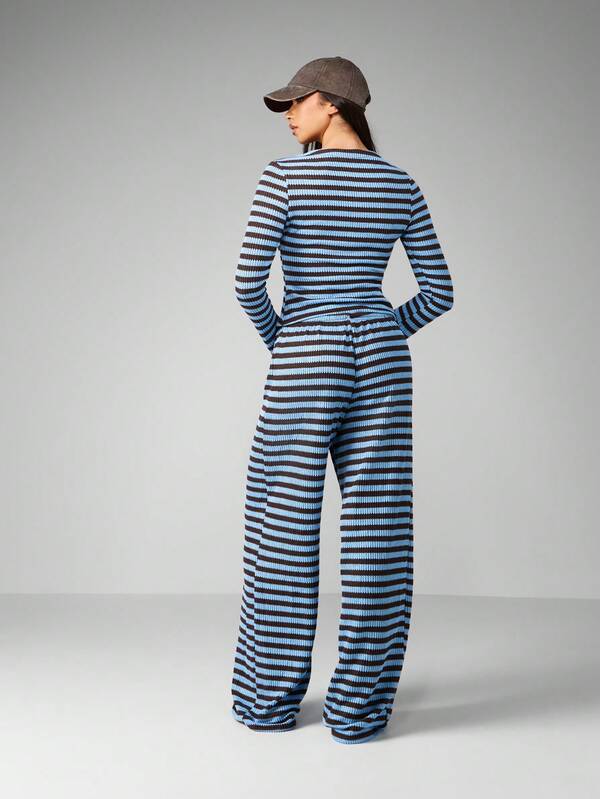 MISSGUIDED Striped Ribbed Knit Cardigan And Wide Leg Pants