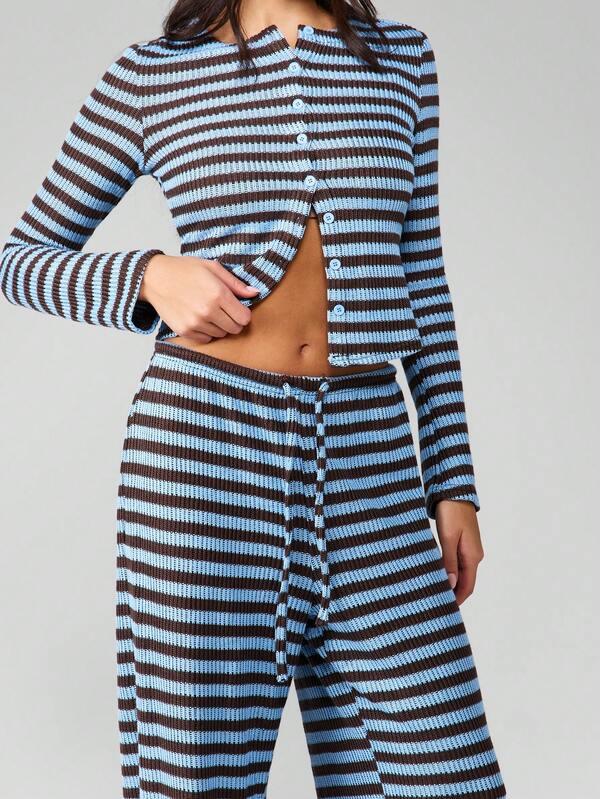 MISSGUIDED Striped Ribbed Knit Cardigan And Wide Leg Pants