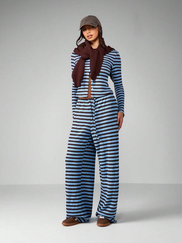MISSGUIDED Striped Ribbed Knit Cardigan And Wide Leg Pants