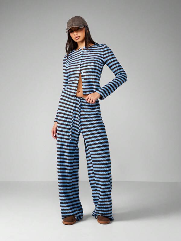 MISSGUIDED Striped Ribbed Knit Cardigan And Wide Leg Pants