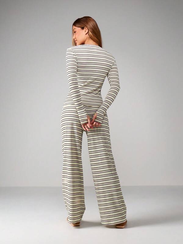 MISSGUIDED Striped Ribbed Knit Long Sleeve Set