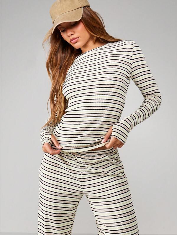 MISSGUIDED Striped Ribbed Knit Long Sleeve Set