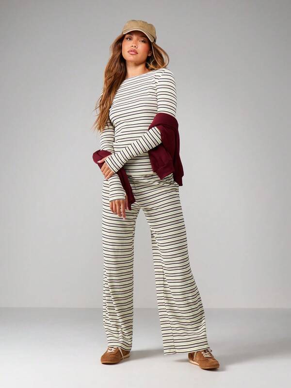 MISSGUIDED Striped Ribbed Knit Long Sleeve Set