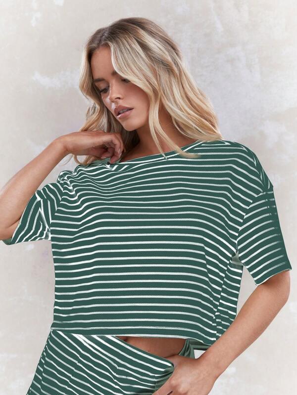MISSGUIDED Striped Ribbed Knit T-Shirt Shorts Set