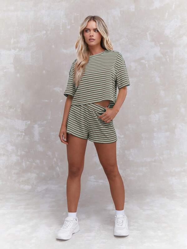 MISSGUIDED Striped Ribbed Lounge Two Piece Outfit