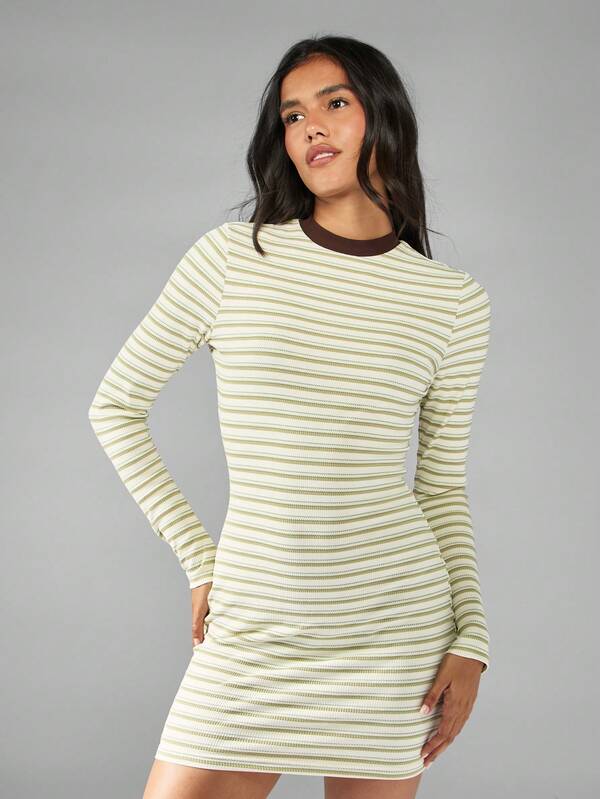 MISSGUIDED Striped Ribbed Mini Dress With Long Sleeves And Crew Neck