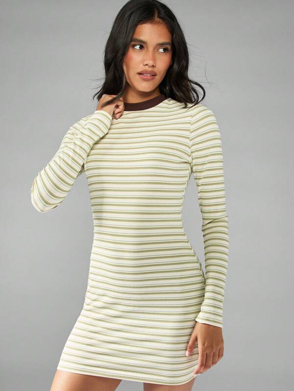 MISSGUIDED Striped Ribbed Mini Dress With Long Sleeves And Crew Neck