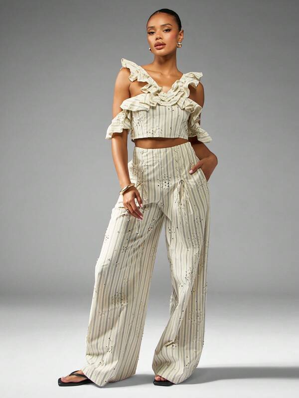 MISSGUIDED Striped Ruffle Cold Shoulder Crop Top With Flounce Details