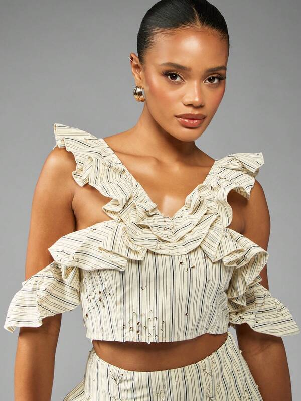 MISSGUIDED Striped Ruffle Cold Shoulder Crop Top With Flounce Details