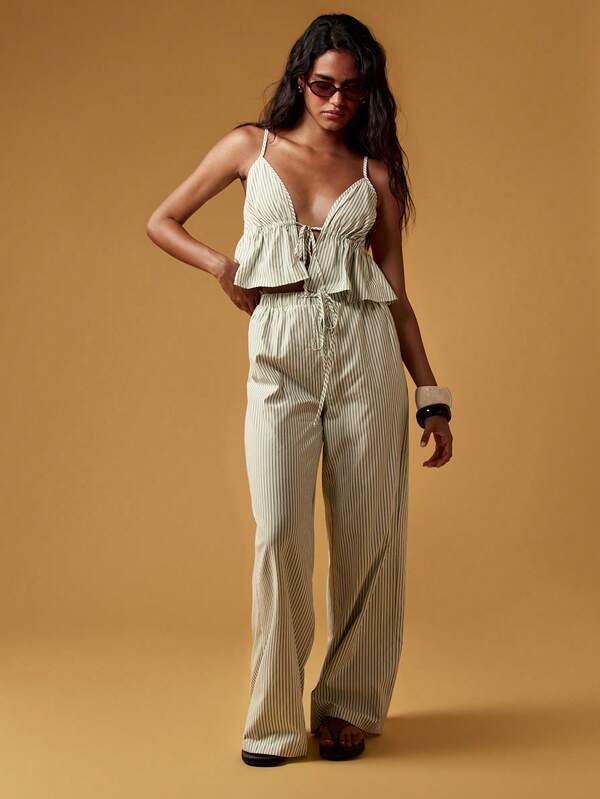 MISSGUIDED Striped Ruffle Tie Front Cami Top And Wide Leg Palazzo Set Two-Piece Outfits