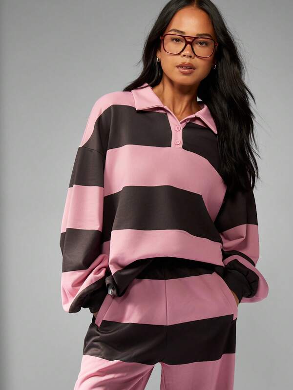 MISSGUIDED Striped Rugby Collared Set With Wide Leg Pants