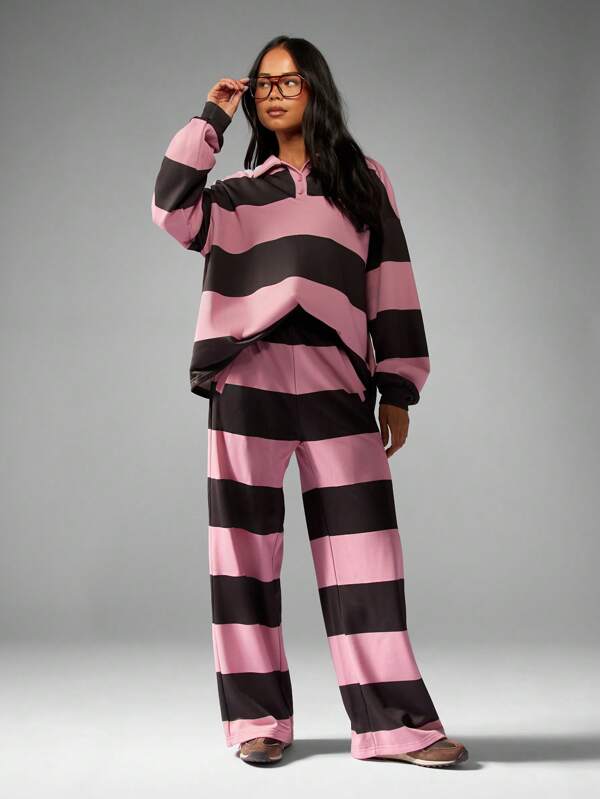 MISSGUIDED Striped Rugby Collared Set With Wide Leg Pants