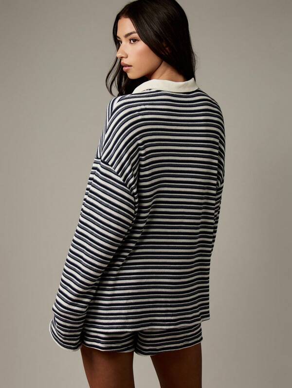 MISSGUIDED Striped Rugby Collared Top With Matching Shorts