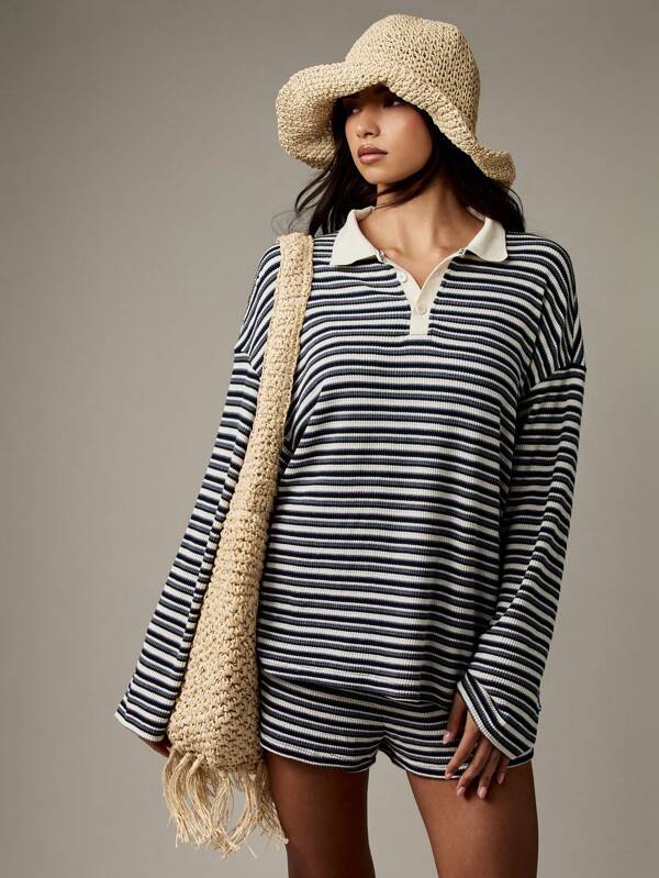MISSGUIDED Striped Rugby Collared Top With Matching Shorts