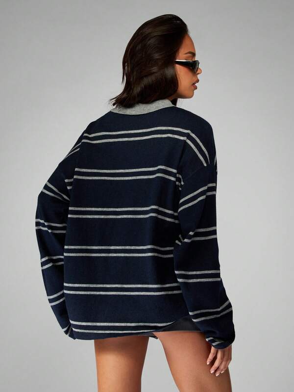 MISSGUIDED Striped Rugby Knit Sweater With Collared Neckline